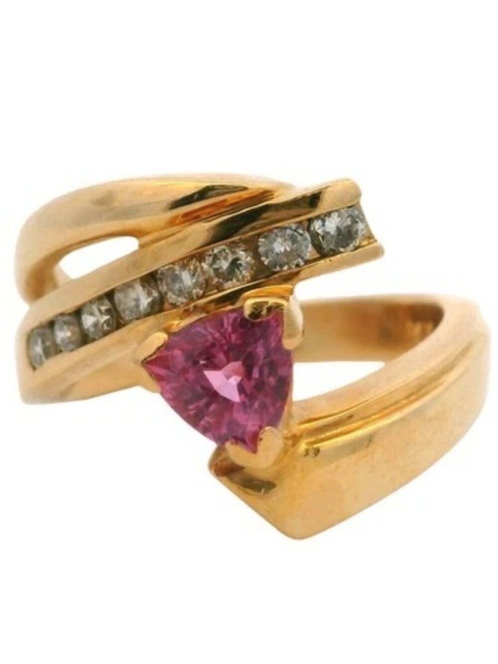 LeVian 14kt Yellow Gold Pink Sapphire Diamond Bypass Style Cocktail Ring Sz 7.5